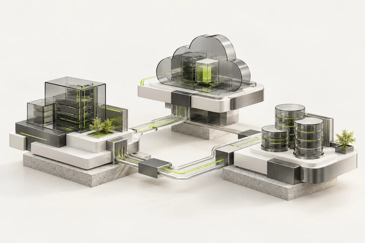 Illustration de socles cloud, applications et données reliés dans une architecture commune.